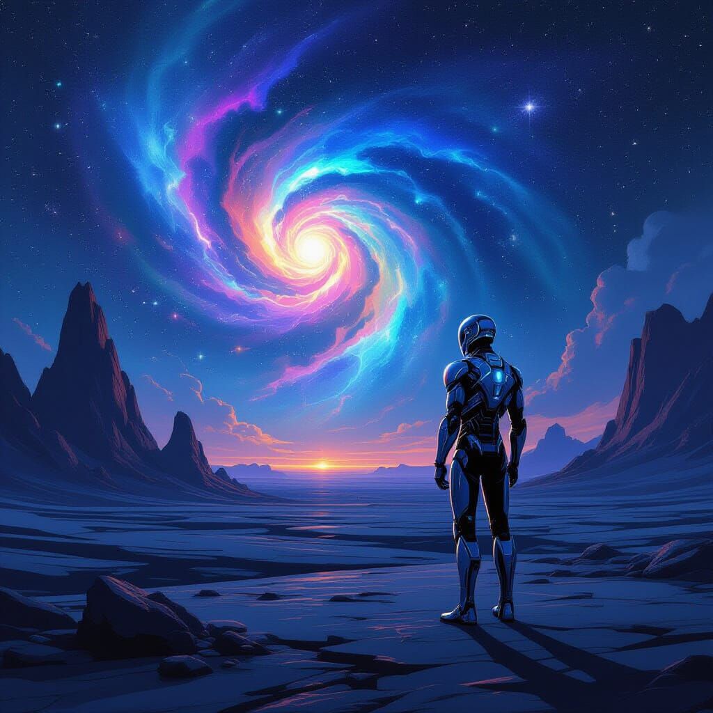A solitary android man stands on a desolate alien planet, gazing at a swirling nebula in the night sky. The landscape is dotted with crystal...