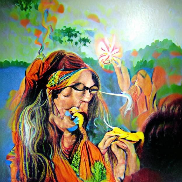 Bright painting of a hippie woman smoking a joint