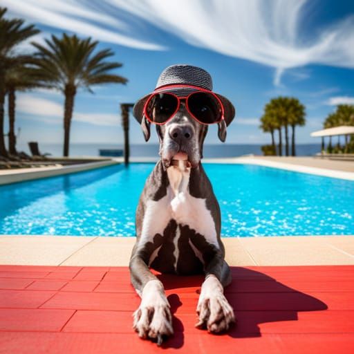 Great Dane with hat and sunglasses relaxing poolside  false