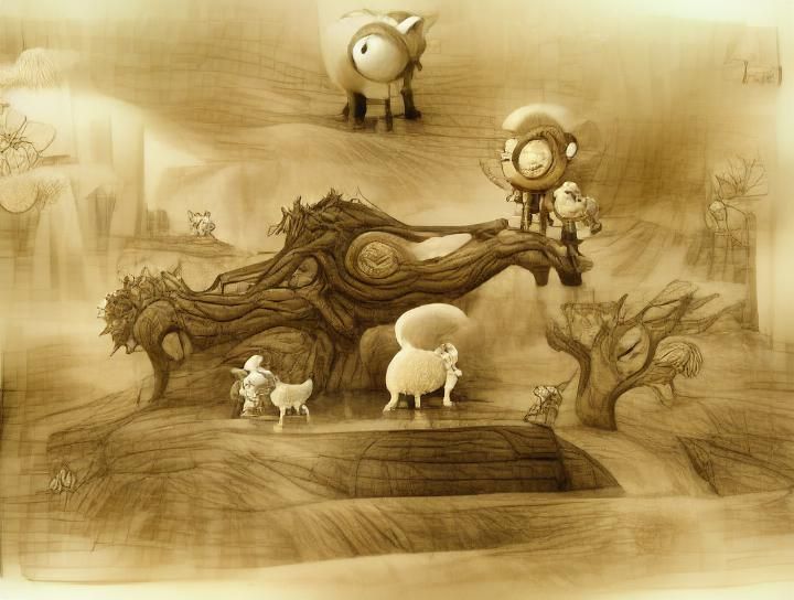 Concept art, pencil sketch, sepia tone; Hugo and the Lamb arrive at the World Tree