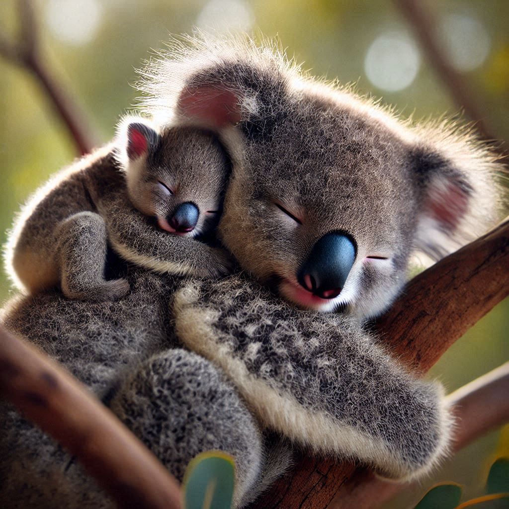 Mom koala and her baby napping