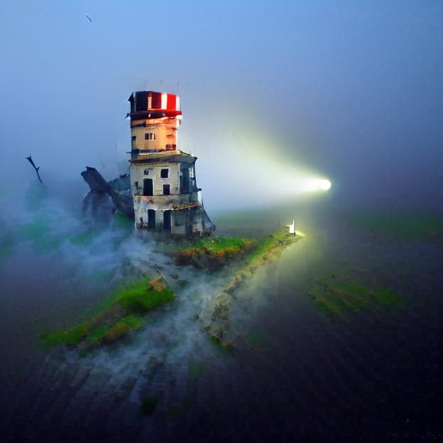Decrepit lighthouse surrounded an eerie fog