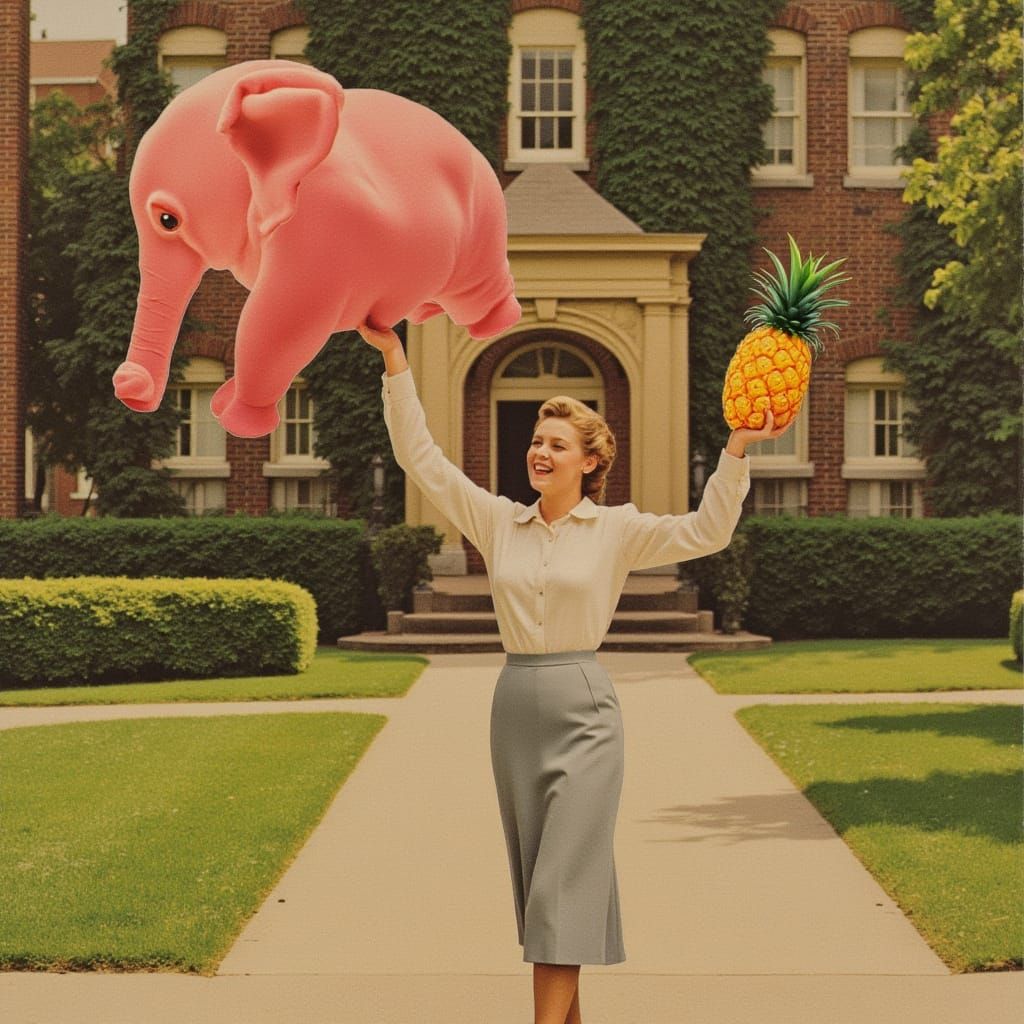 <lora:paper collages:1.0> A vintage college woman holding up a pink elephant with a pineapple