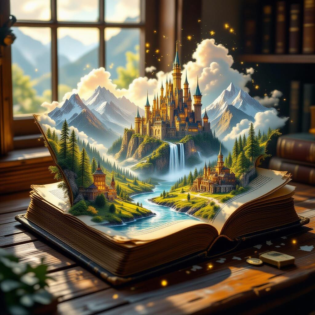Miniature Fantasy World Emerging From Antique Book