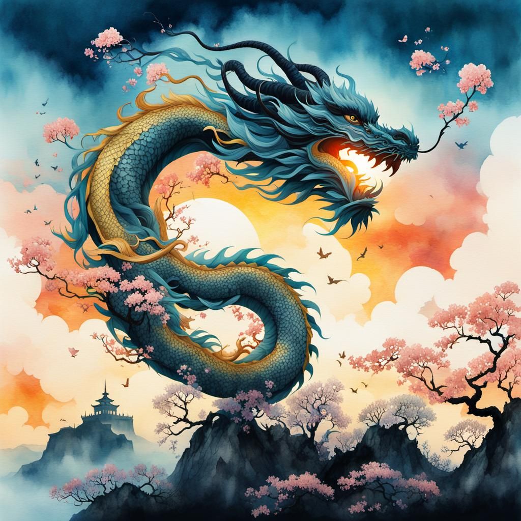 Chinese Dragon & Sakuras - AI Generated Artwork - NightCafe Creator