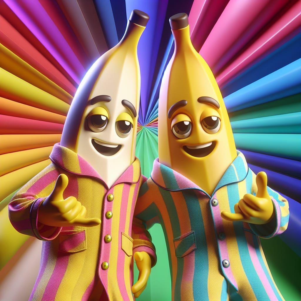 Bananas in Pyjamas Pixar, Disney, concept art, 3d digital art, Maya 3D, ZBrush Central 3D shading, bright colored backgr...