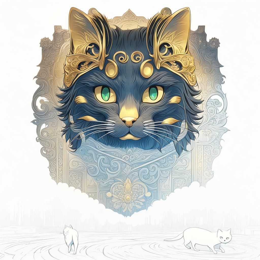 a golden and black cat carved in wood