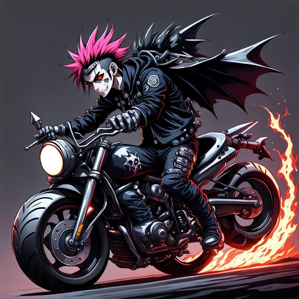 anime punk goth guy riding demon motorcycle