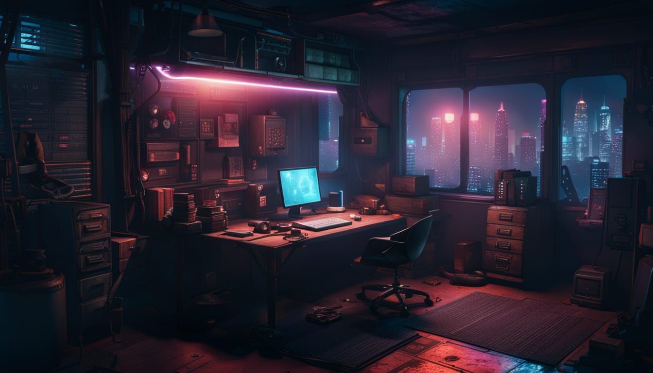 cyberpunk city rundown apartment interior on a foggy night close up ...