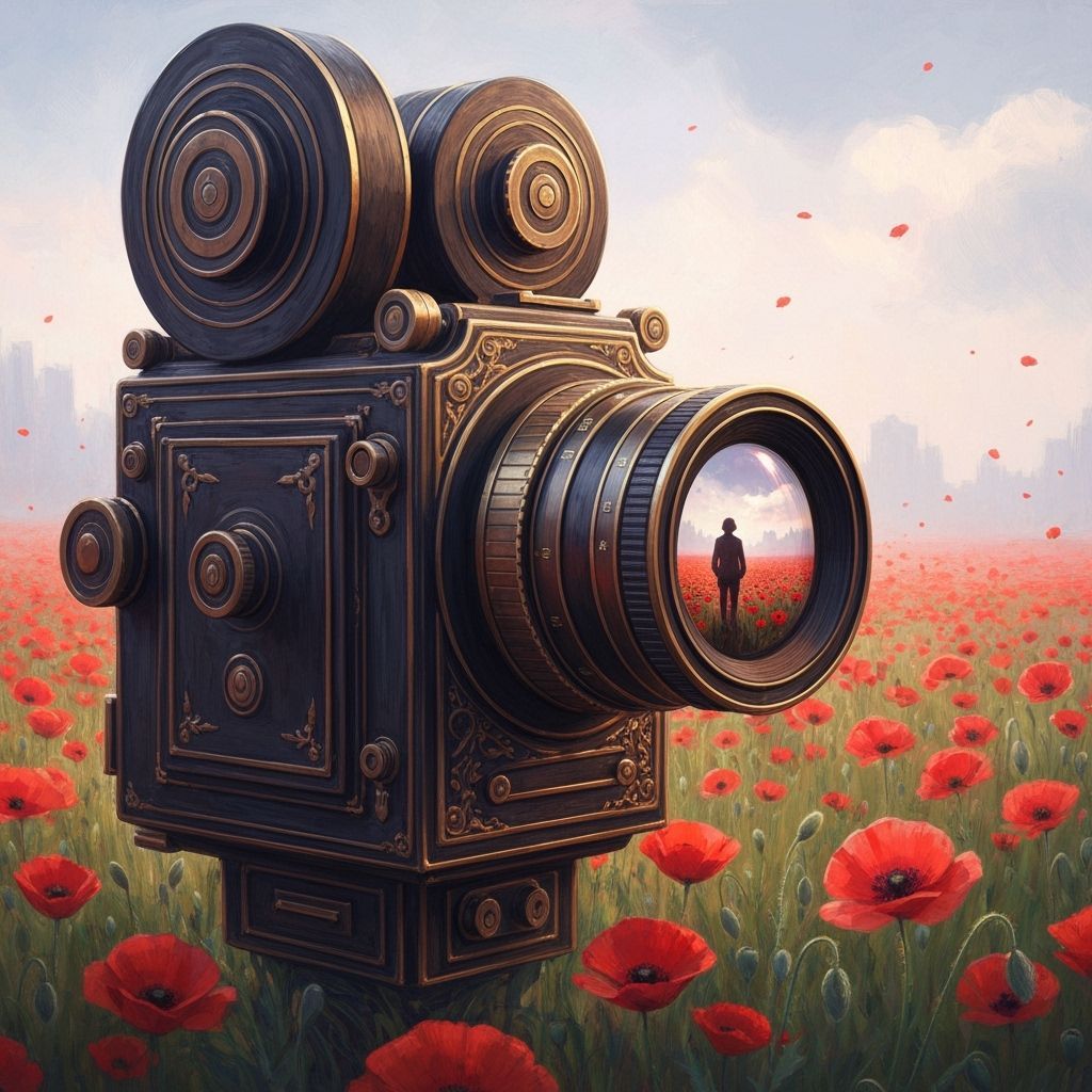 imagine a vintage film camera capturing a surreal moment in a poppy field. The camera is ornate and detailed, ...  by @Jemina
