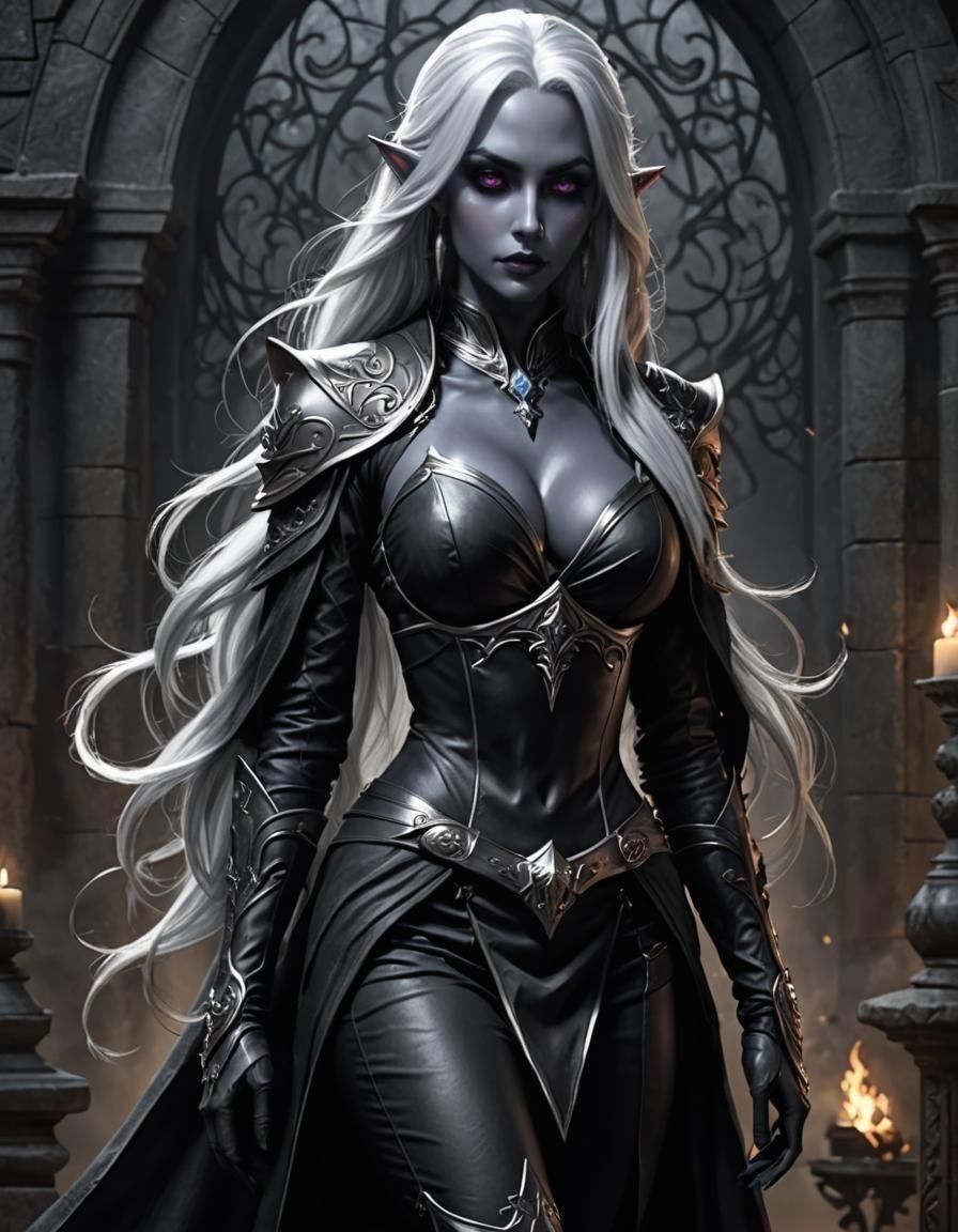 Fantasy picture, fullbody picture, (Drow female:1.5), (charcoal grey skin:1.5), fantasy skin, DnD Dark elfe female, Rogue character, D-cup c...