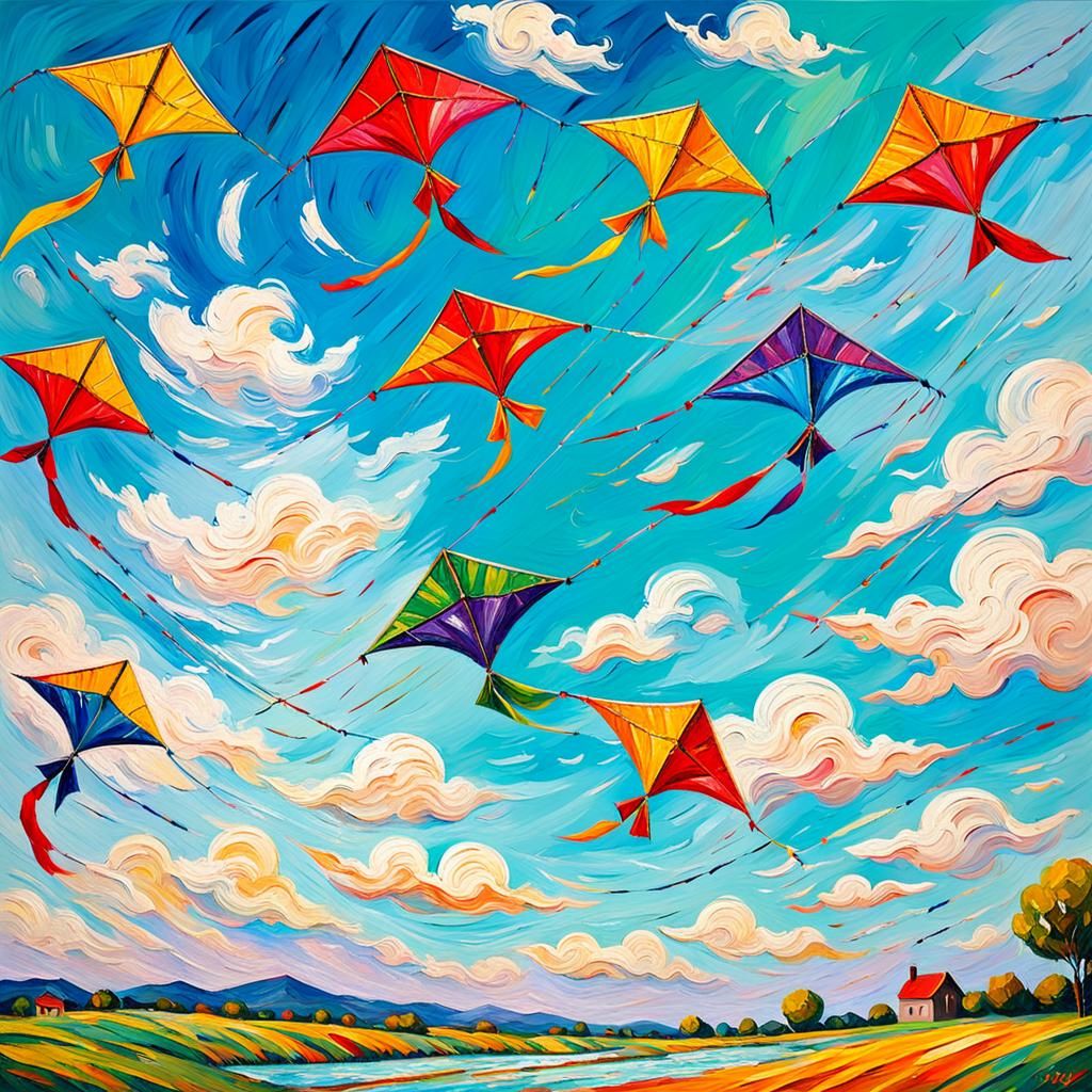 Charming illustrations featuring colorful kites gliding grac...