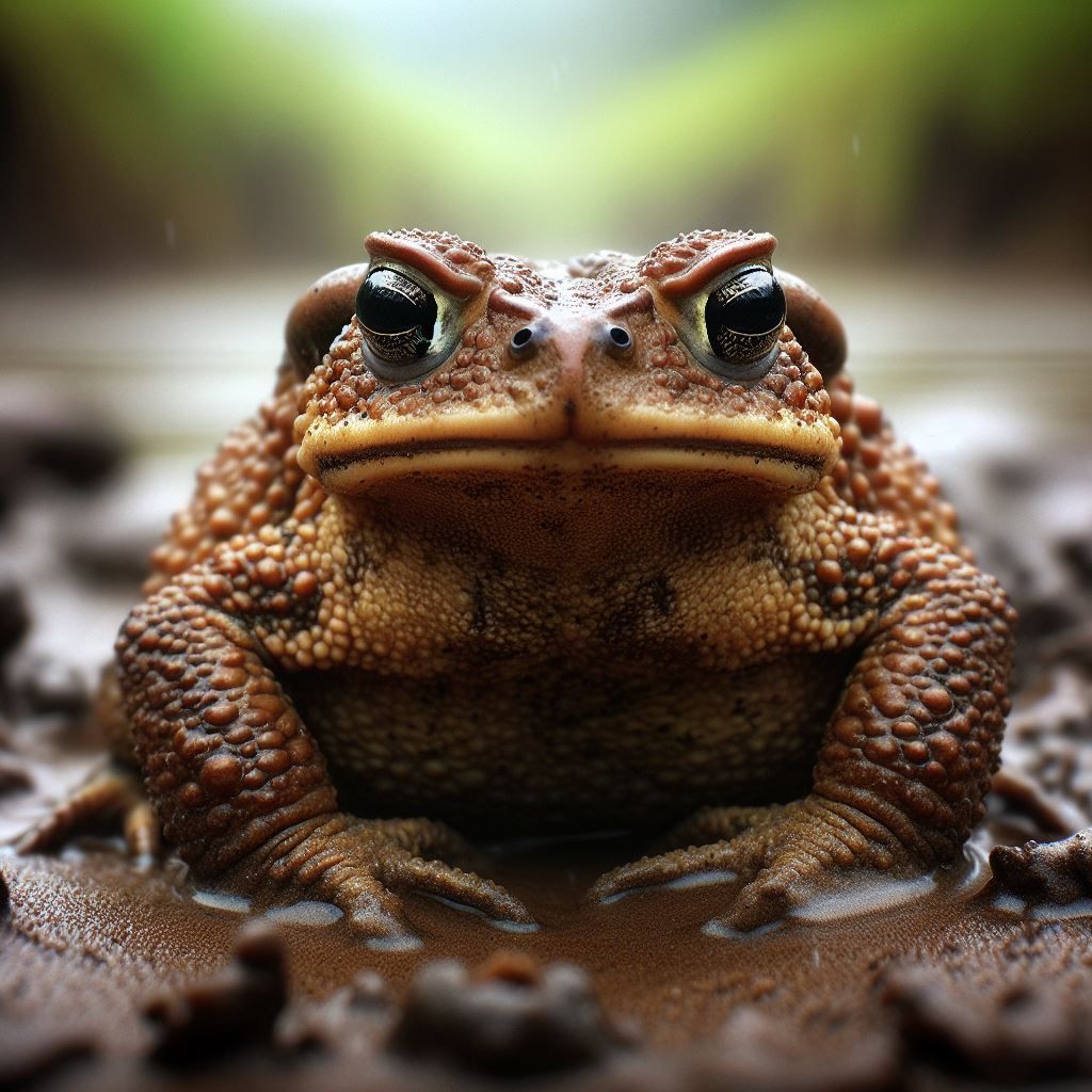 A large toad is sitting on the edge of a riverbank