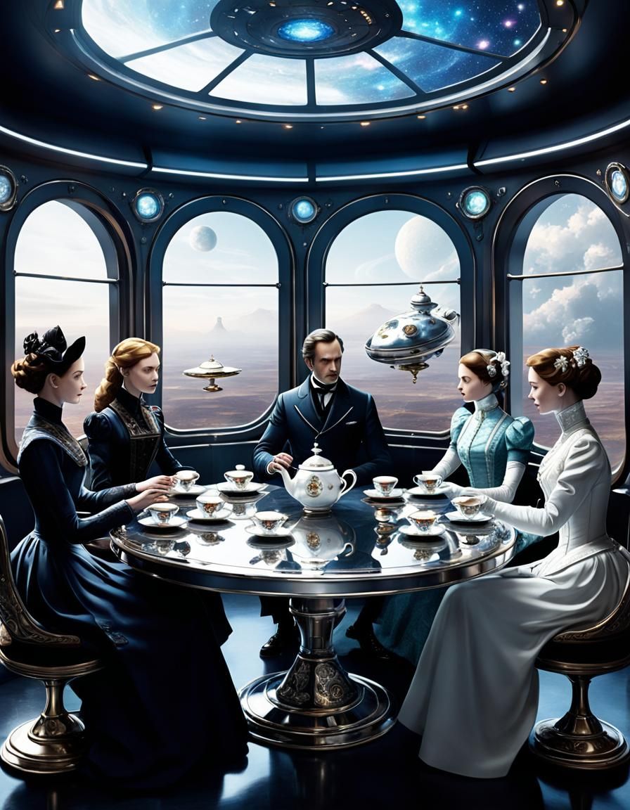 "A group of characters in elegant Victorian attire, sitting around a polished metal table with delicate ...  by @GoingJade