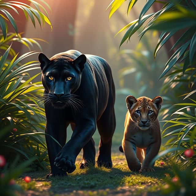 A BLACK PANTHER AND A SIBERIAN LION CUB WALKING THROUGH THE ...