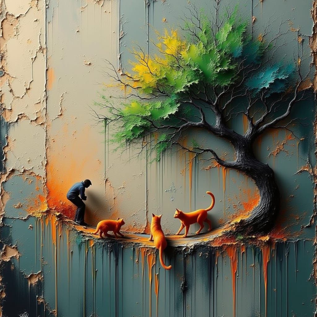 Orange Cats on Tree Branch Oil Painting