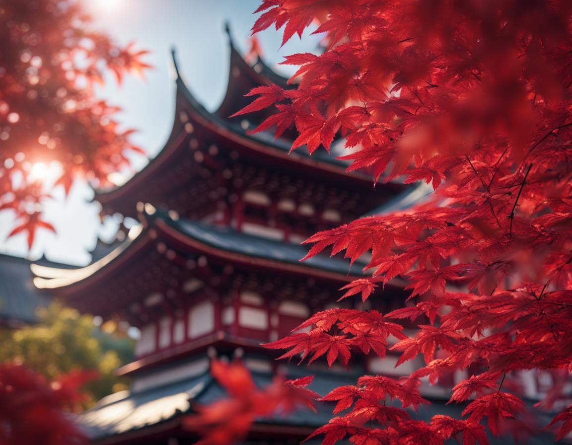 Closeup ofJapanese red maple at peak color infront of temple...