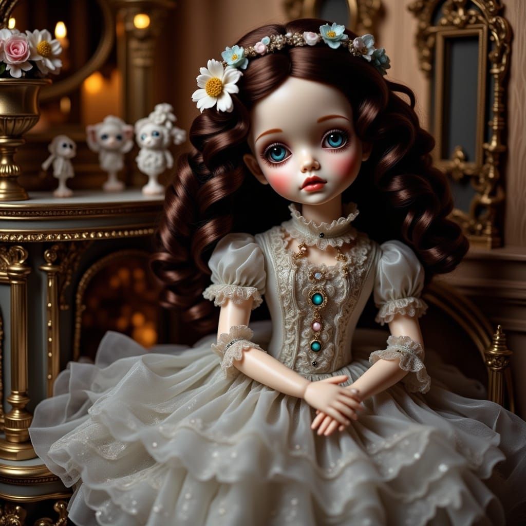 <lora:Flux Dolls:1.0> Beautiful doll, long cly hair, big round eyes, next to a dollhouse /romanticism/