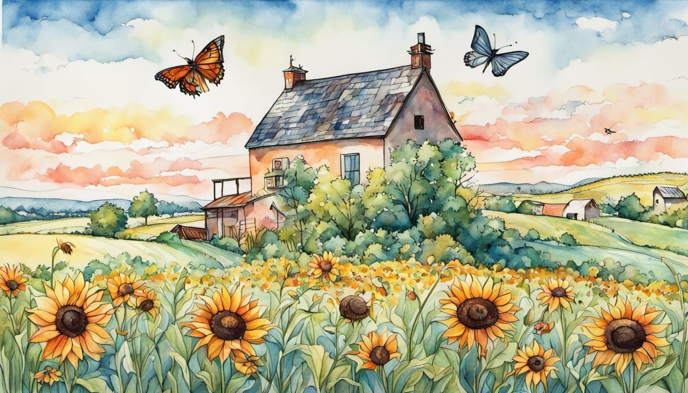 Whimsical Countryside Scene in Watercolor and Pastel Colors