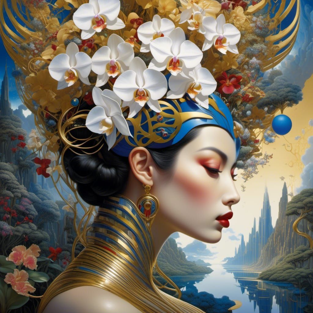 Orchid Oasis, by <lora:Mindfulness:1.0> hyperdetailed, Polynesian Princess head painting, 8k resolution. Inside a Polynesian Princess's head...