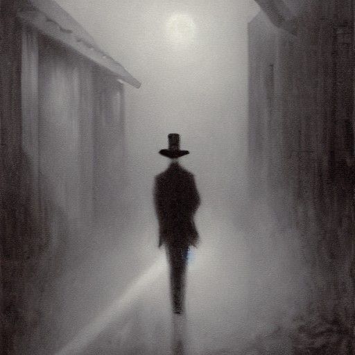 Edgar Allan Poe photograph in a foggy dark alley dancing wit...