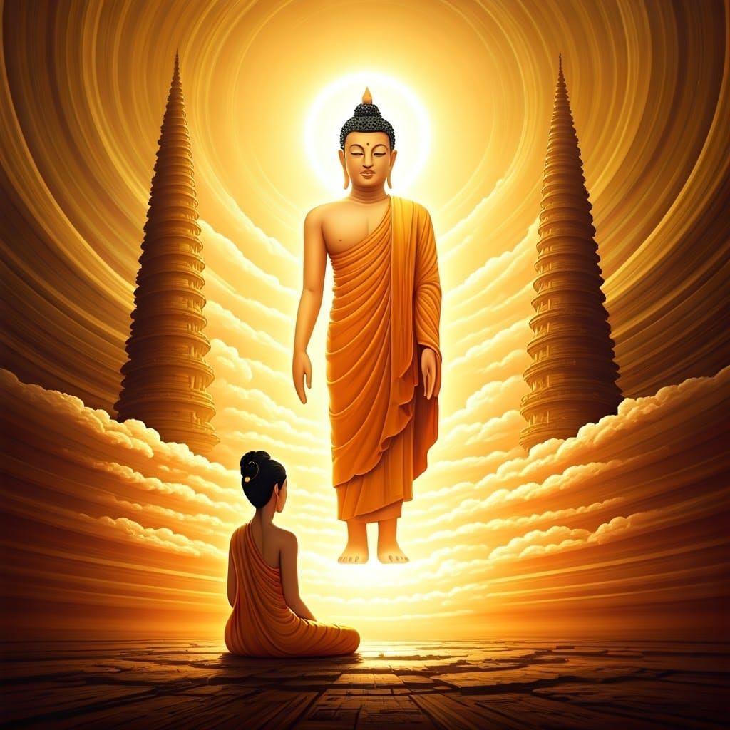 Golden Buddha Ascends to Trayastrimsa Heaven in Vibrant Digi...