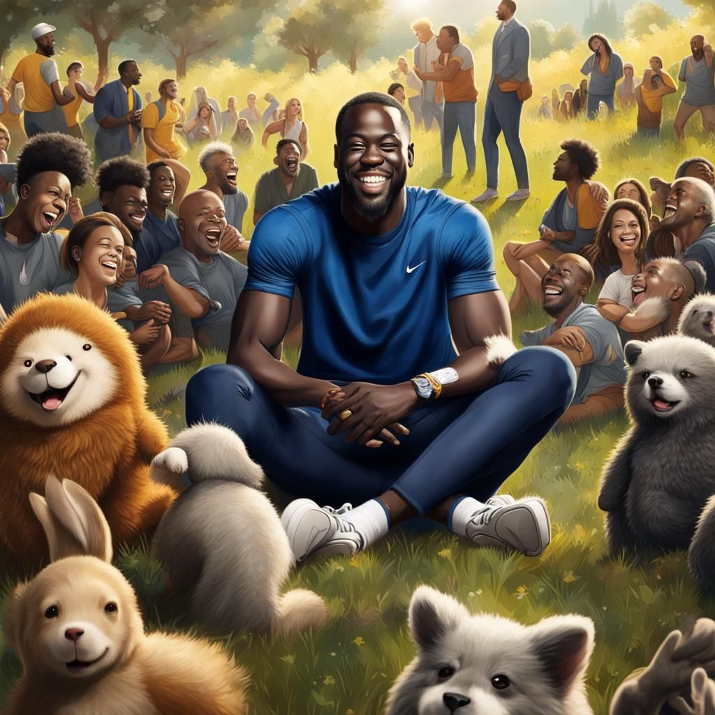 celebrated athlete draymond green, glowing, sitting in a gra...