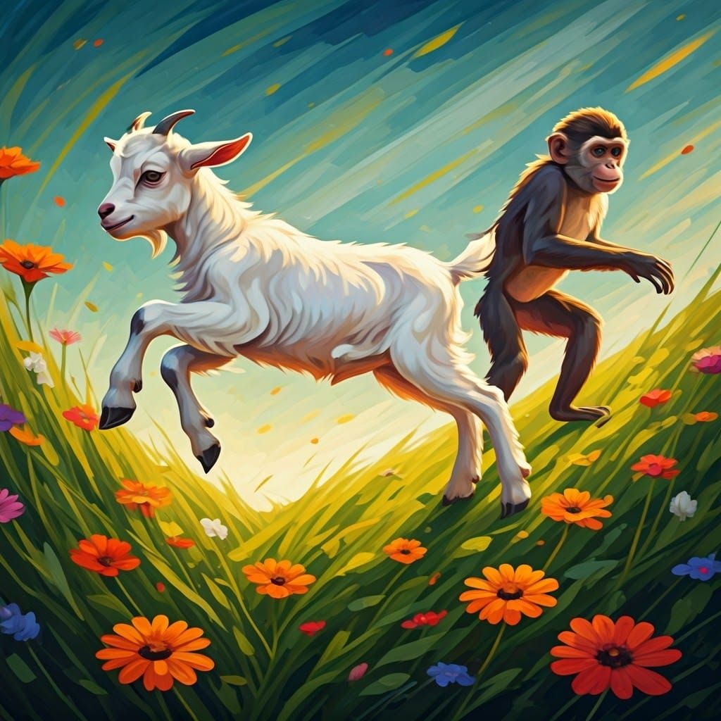 Playful Goat and Monkey Leap Through Vibrant Wildflowers in ...