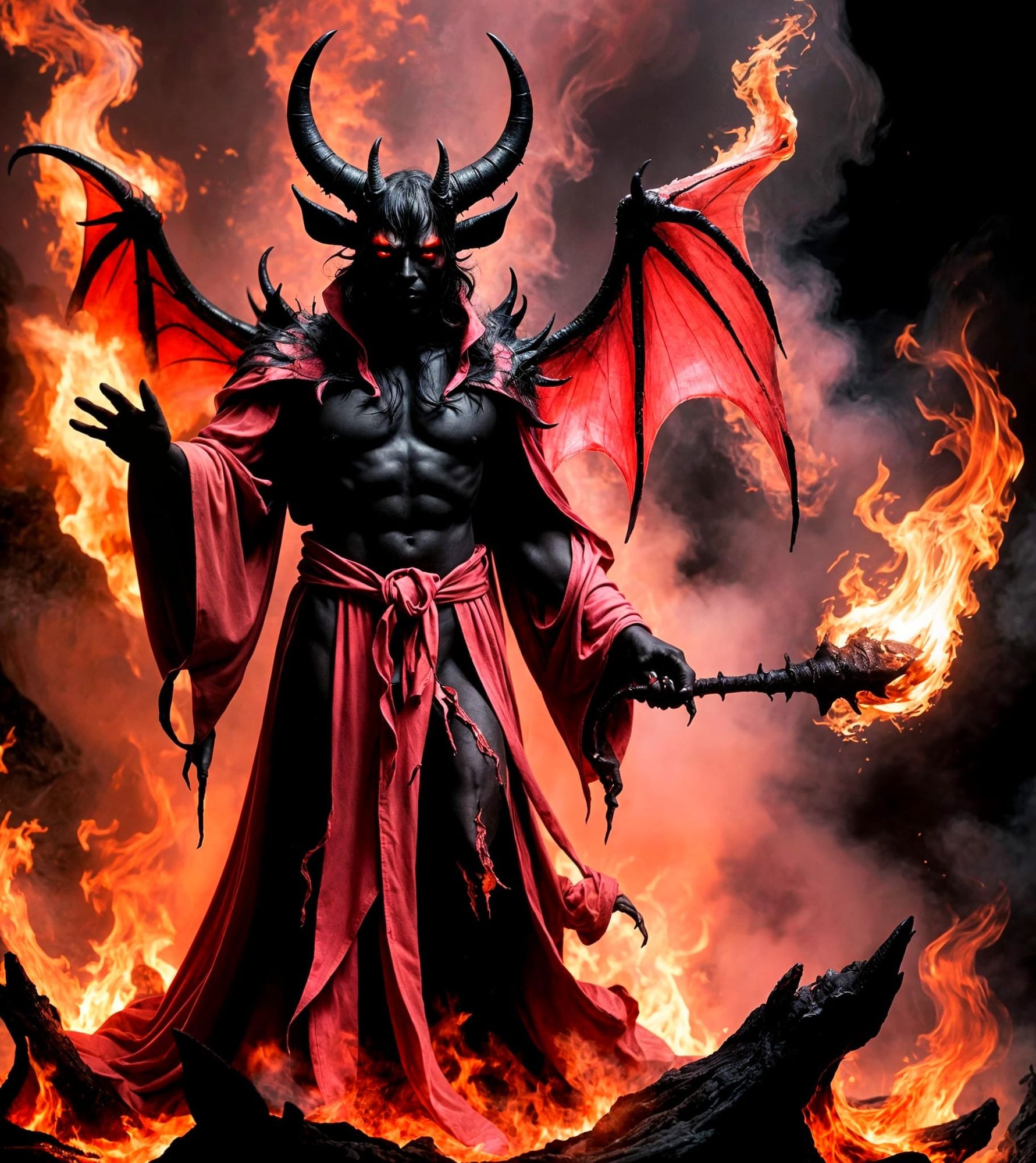 The demon fairy waves the magic fire wand in the Abyss