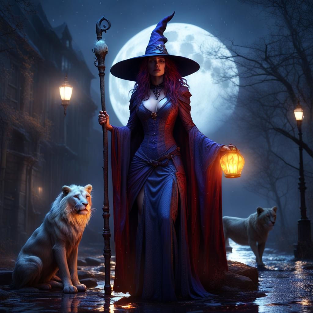 witch female evil gothic in the night fullmoon lion silver g...