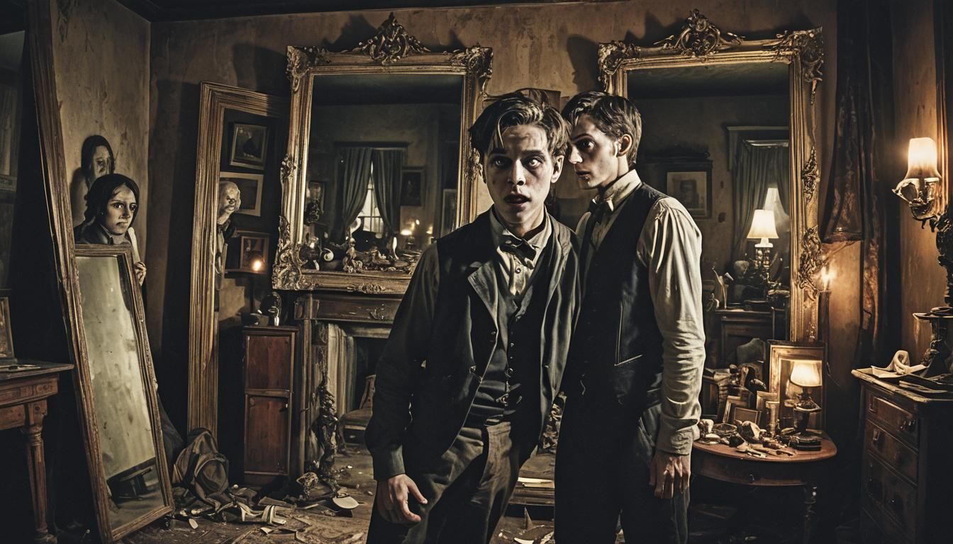 "Create a chilling, dark-themed scene featuring Jacob standi...