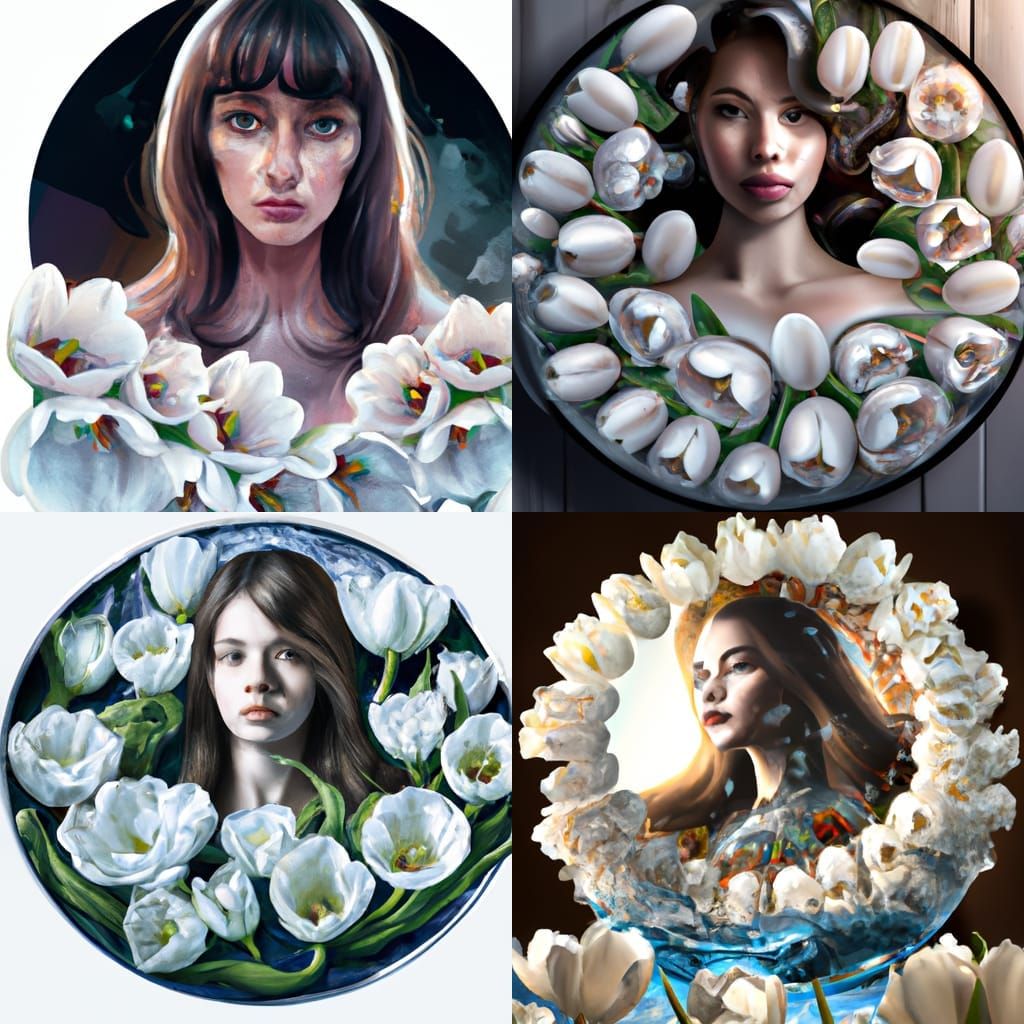 circle of white tulips inside a waterbowl, centerpiece