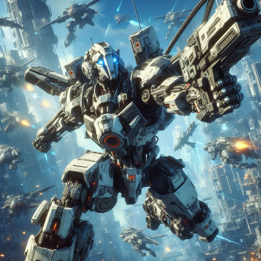 Dynamic action scenes featuring mechs engaged in an epic com...
