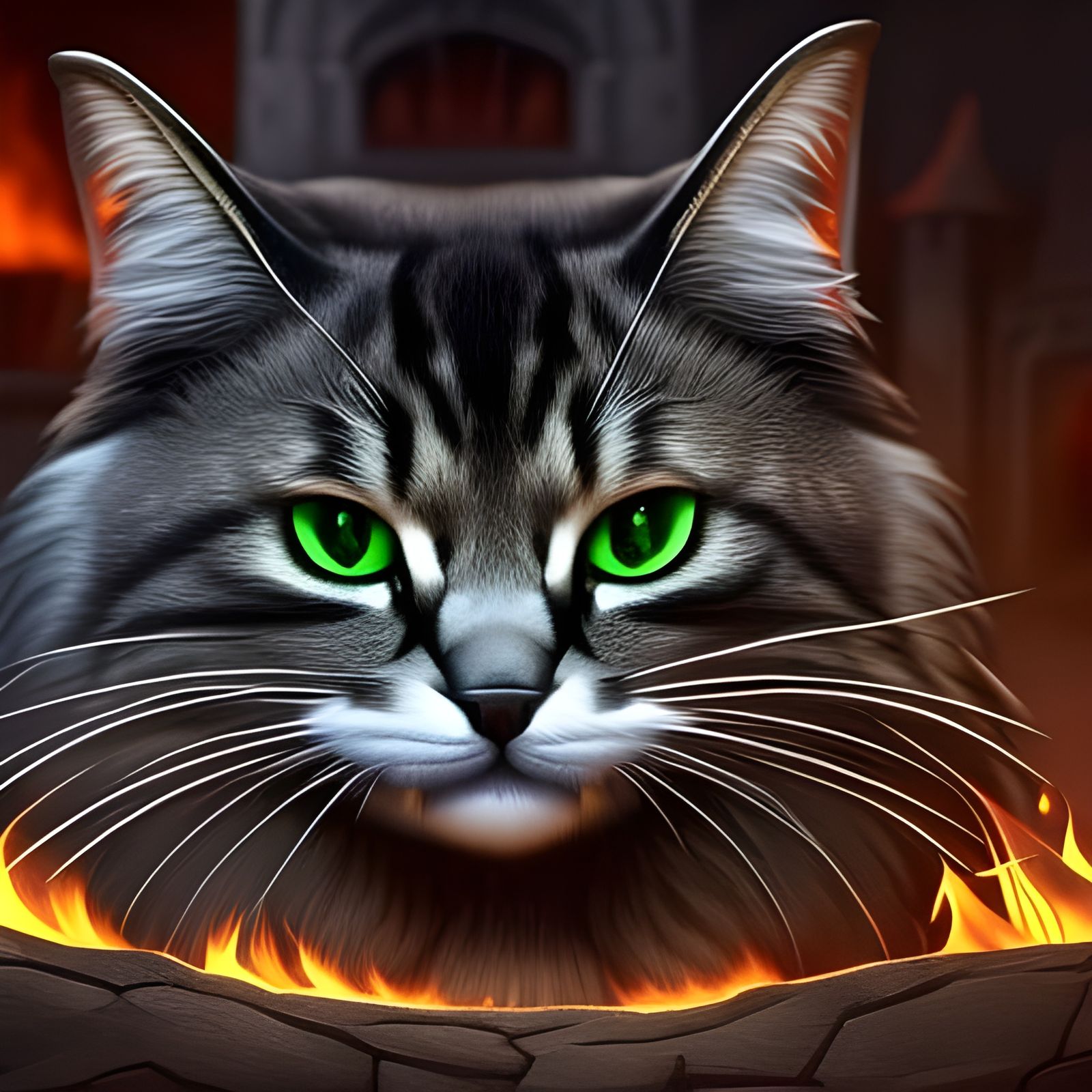 Glowing-Eyed Cat near Fireplace, Dark Fantasy Art