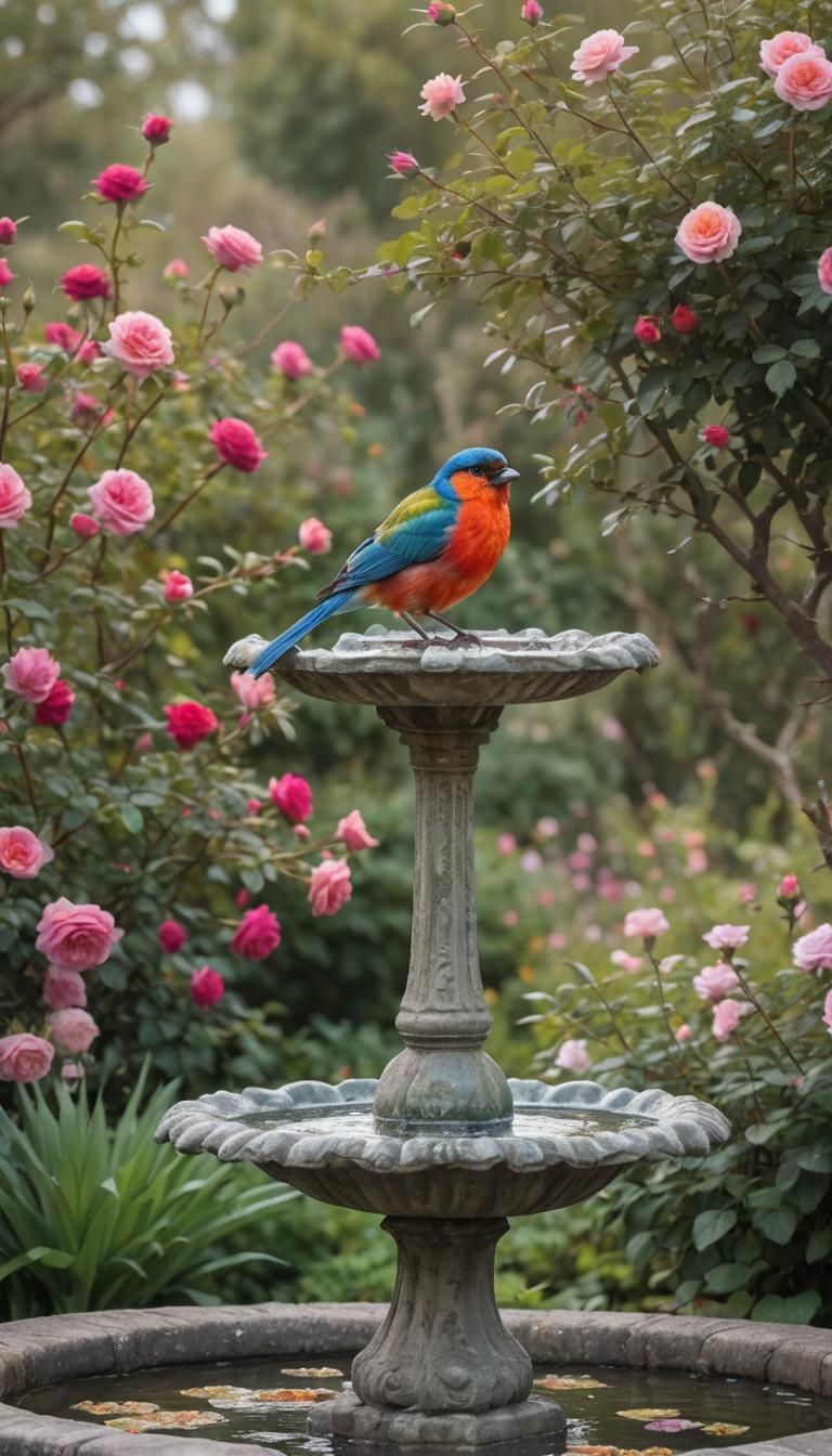 Fluffy colourful bird sitting on a beautiful bird bath surrounded by a