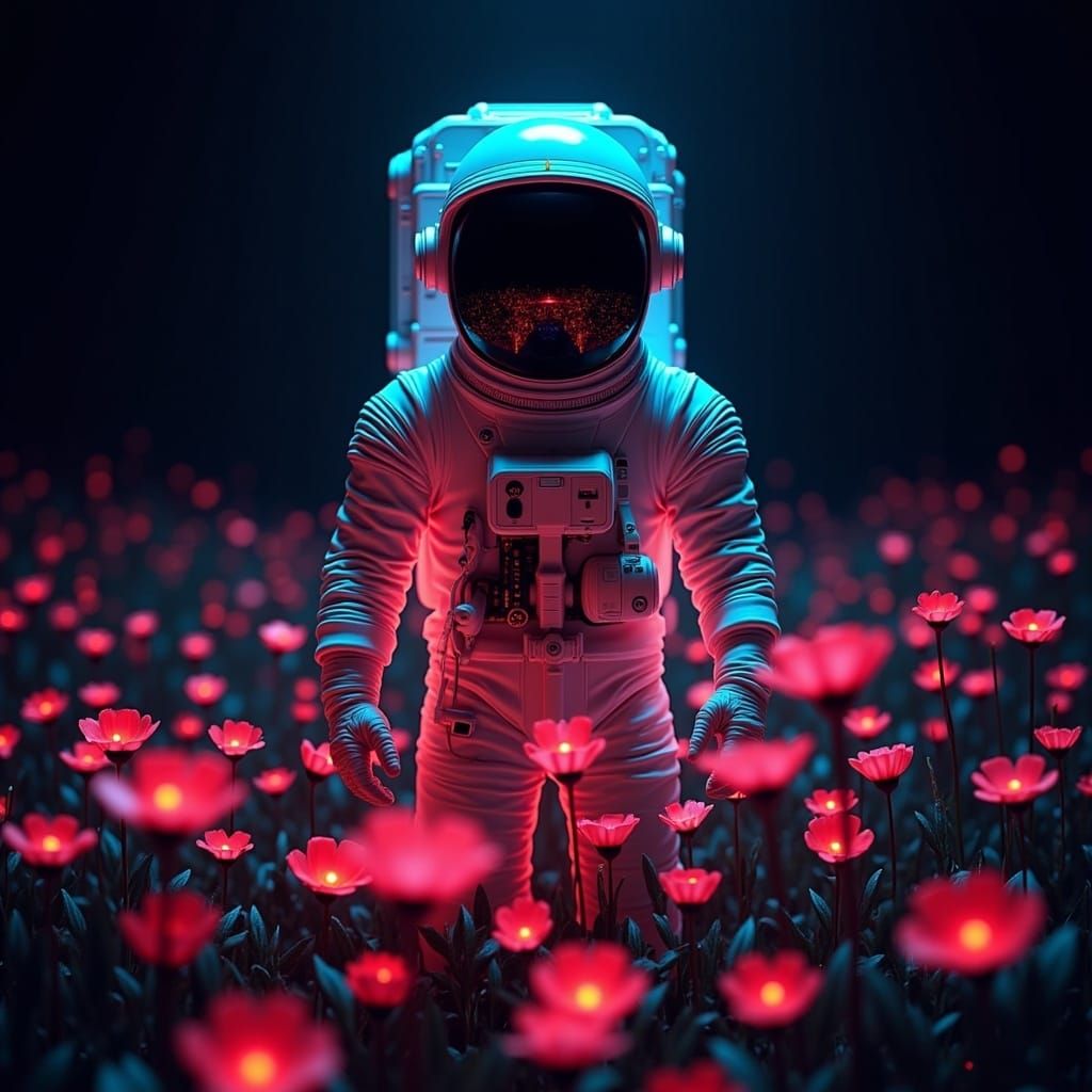 <lora:Ominous Flux:1.0> A vibrant glowing astronaut in a flower field, black background