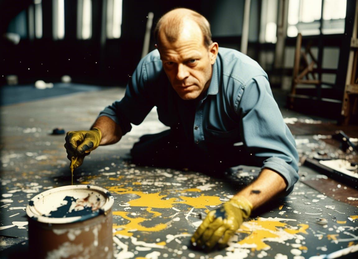 Jackson Pollock at work ca. 1950, colorized AI Generated Artwork