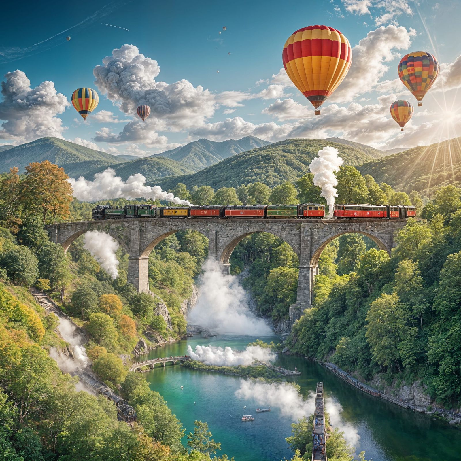Vintage Train and Balloons Over Mountain Lake