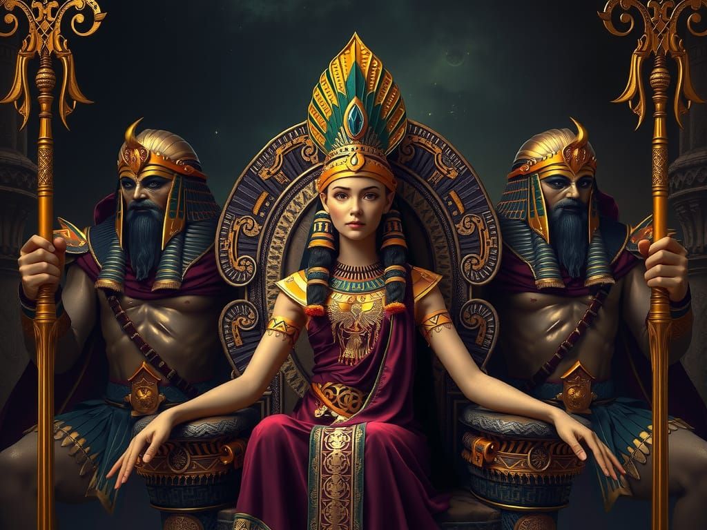 An ancient Egyptian princess sits on a throne, with two muscular guards in front of her. The young woman ...  by @Dalnok