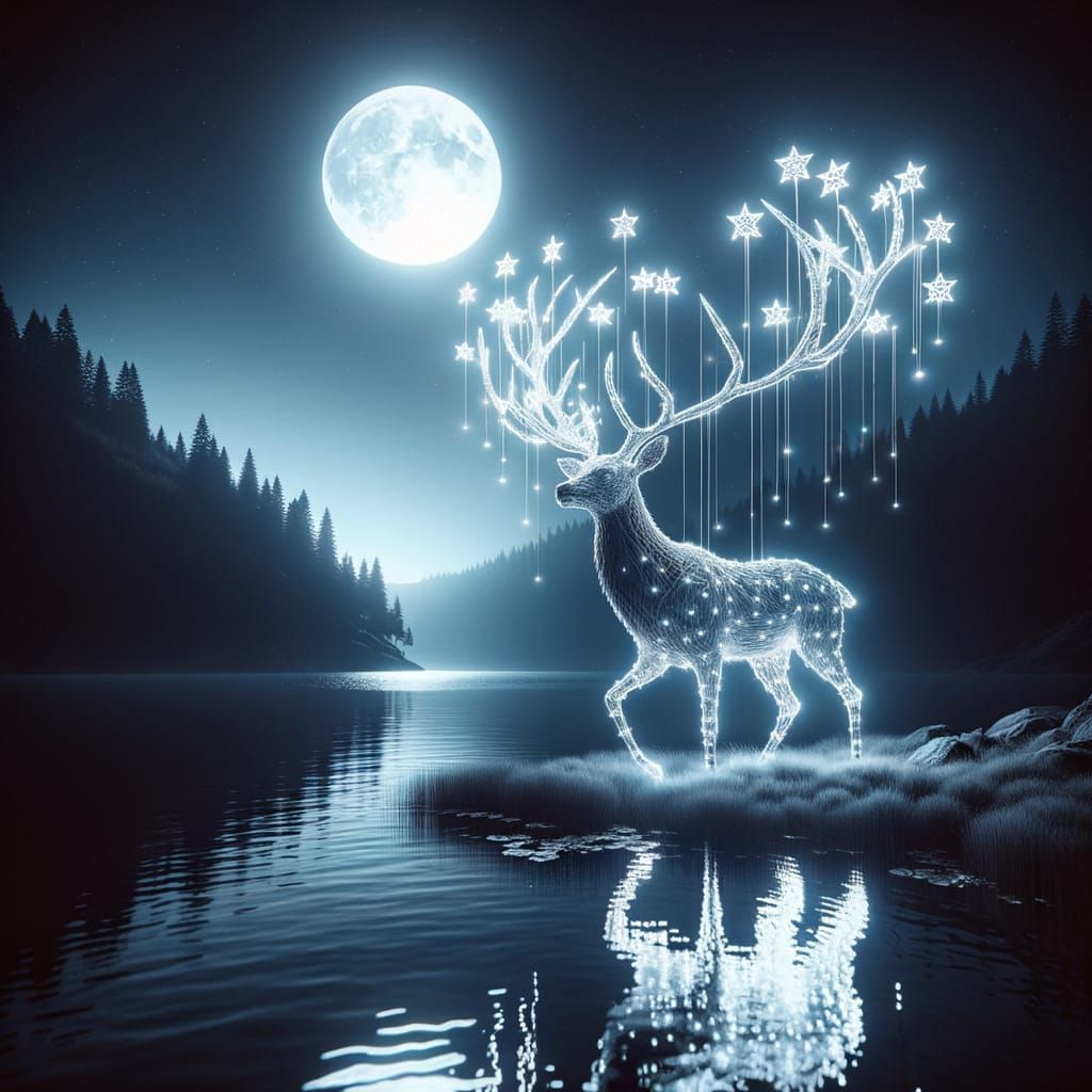 A luminous stag standing in a moonlit lake with stars in its antlers.  by @Horse-T