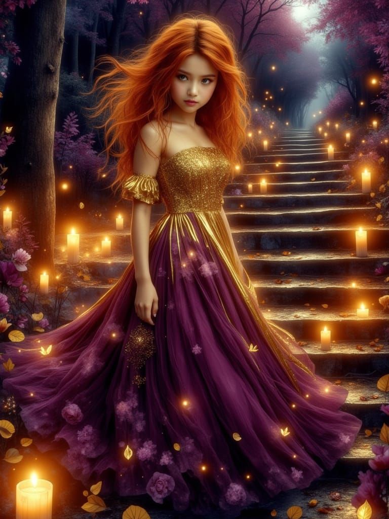 Goddess in Dahlia Gown with Candlelit Shadows