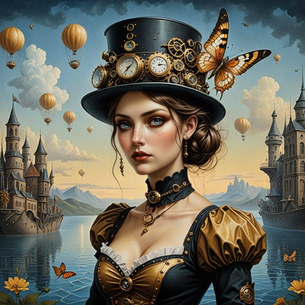 Steampunk fantasypunk fairypunk, Lily Greenwood, Rafal Olbinski, Dariusz Zawadzki   by @Aibot 