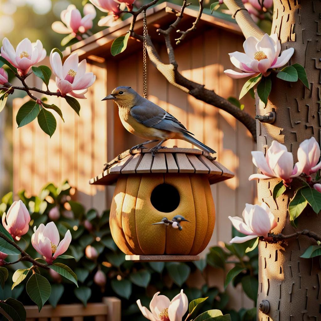 A bird perched on a birdhouse made from a highly textured gourd, hanging from the branch of a magnolia tree. 3D shading, Photo_realistic, sh...