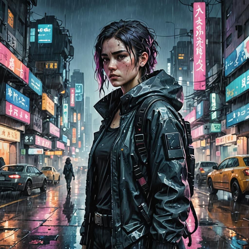 Medium shot of a female sci-fi protagonist in a cyberpunk ci...
