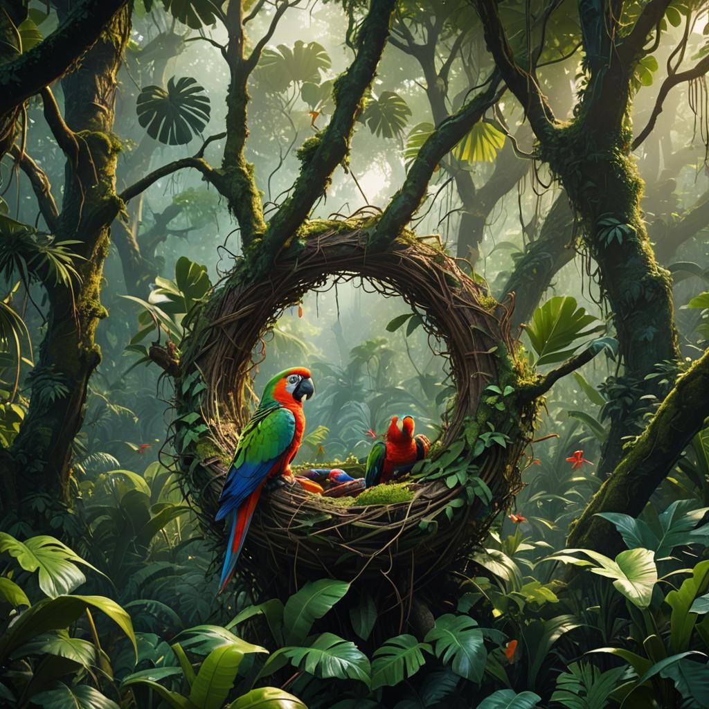 Colorful Parrot Nest in Lush Rainforest: Fantasy Concept Art