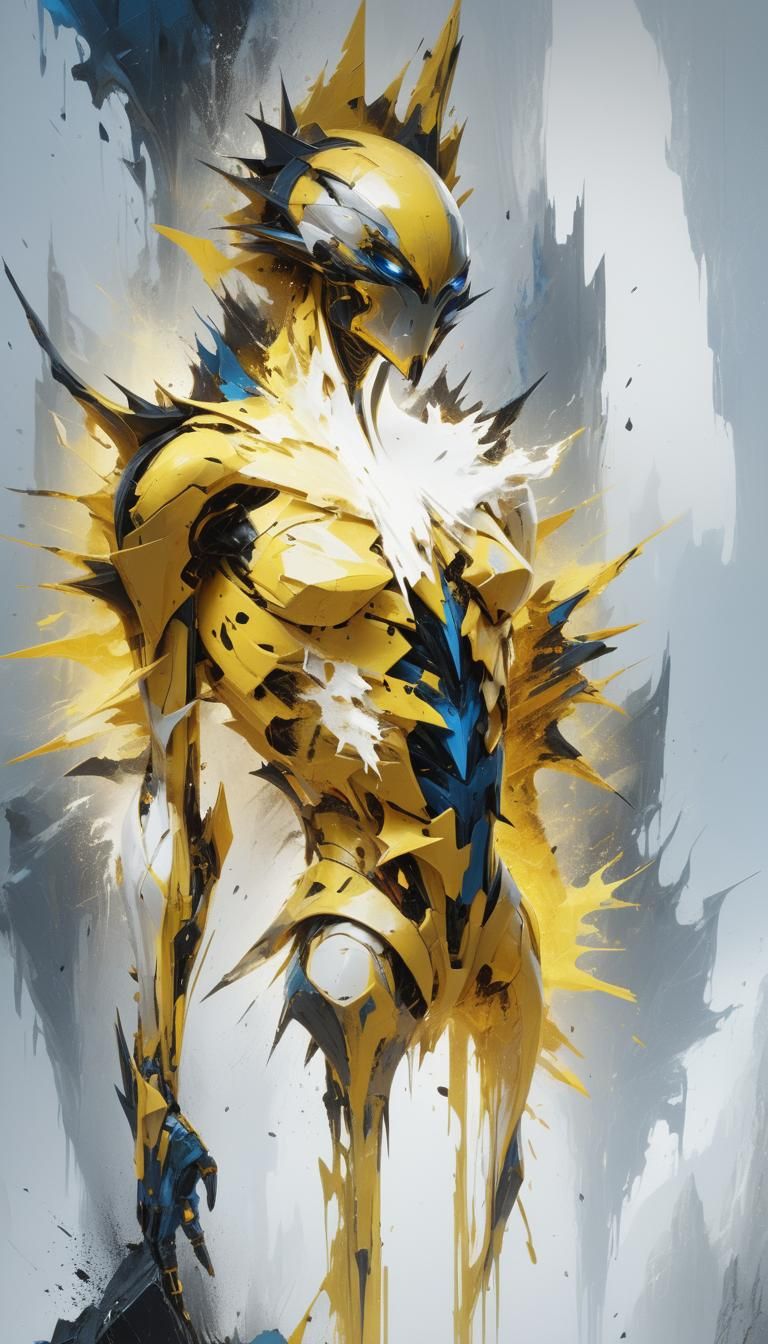 A abstract composition features a form in shades of yellow, ...