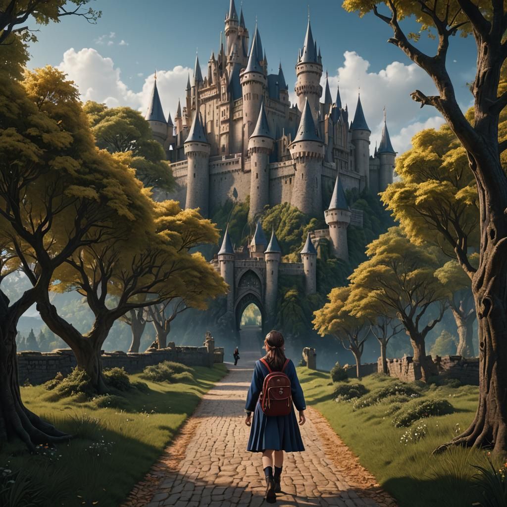 Hyperealistic image of a girl wizard wearing a school uniform and carrying a backpack looking nervous, ...  by @undefined