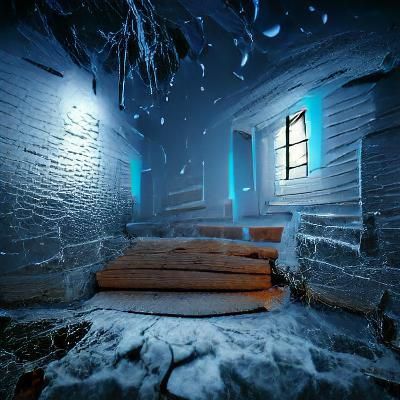 a frozen house at night