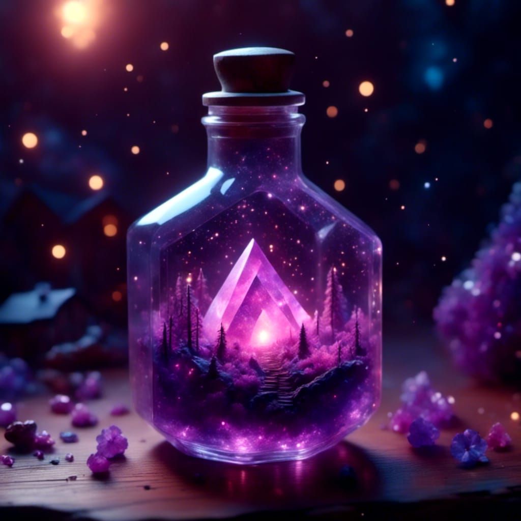 magical potion bottle of a deep purple color and magical light dus
