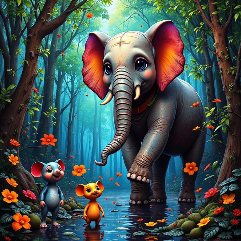 <lora:Zeste-citron chibi:1.0>two little mice and a big elephant in a forest, Impasto Cascade Hallucination. stained glass, falling, spirits,...